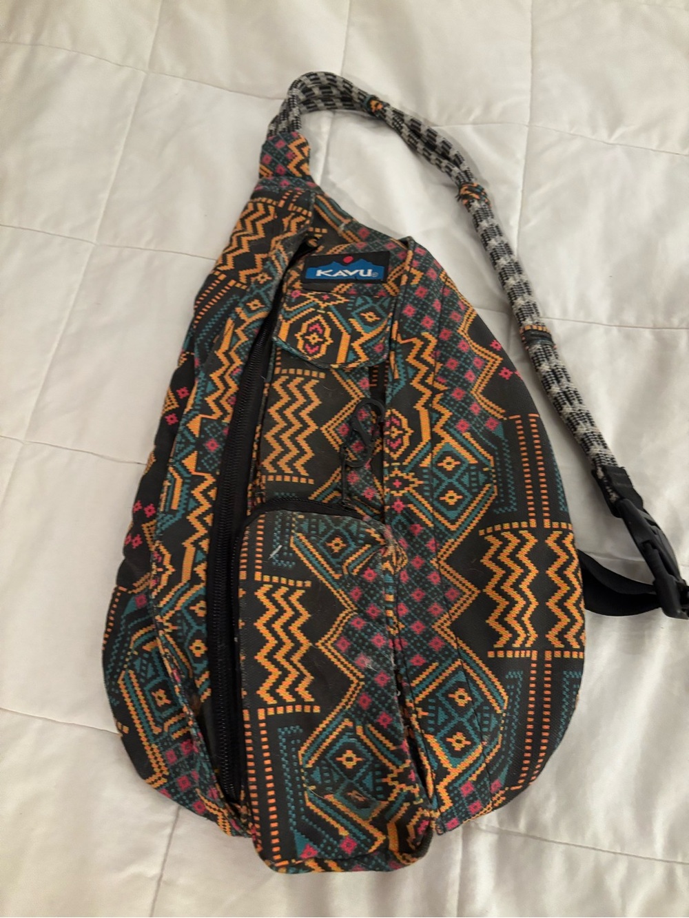 Kavu Aztec-Pattern Crossbody Sling Bag in Black, Orange & Teal great condition